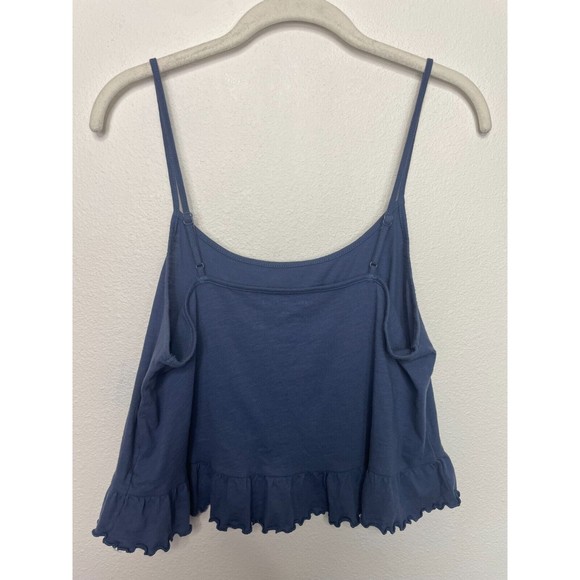 American Eagle Medium Slub Cropped Relaxed Cami Top Blue Ruffle Peplum Strappy - Picture 8 of 13